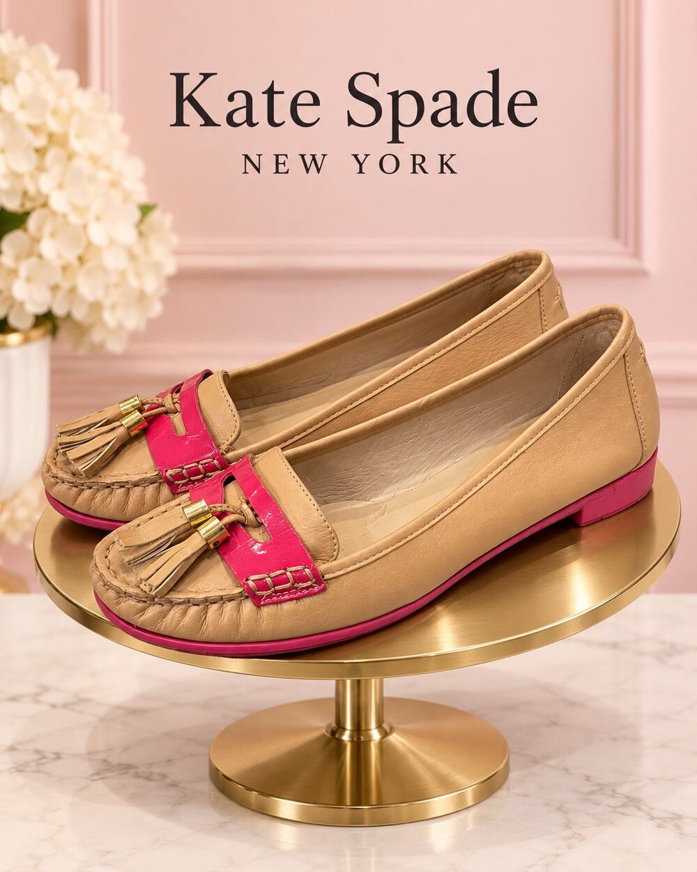 Kate Spade New York Tan Pink Leather Tassel Loafers Women’s 6.5M